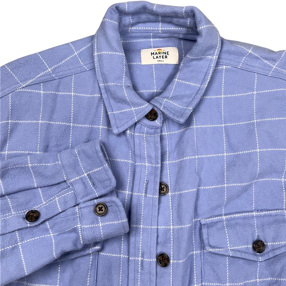 Marine Layer Shirt Women Small Blue Windowpane Check Flannel Soft Chamois Preppy